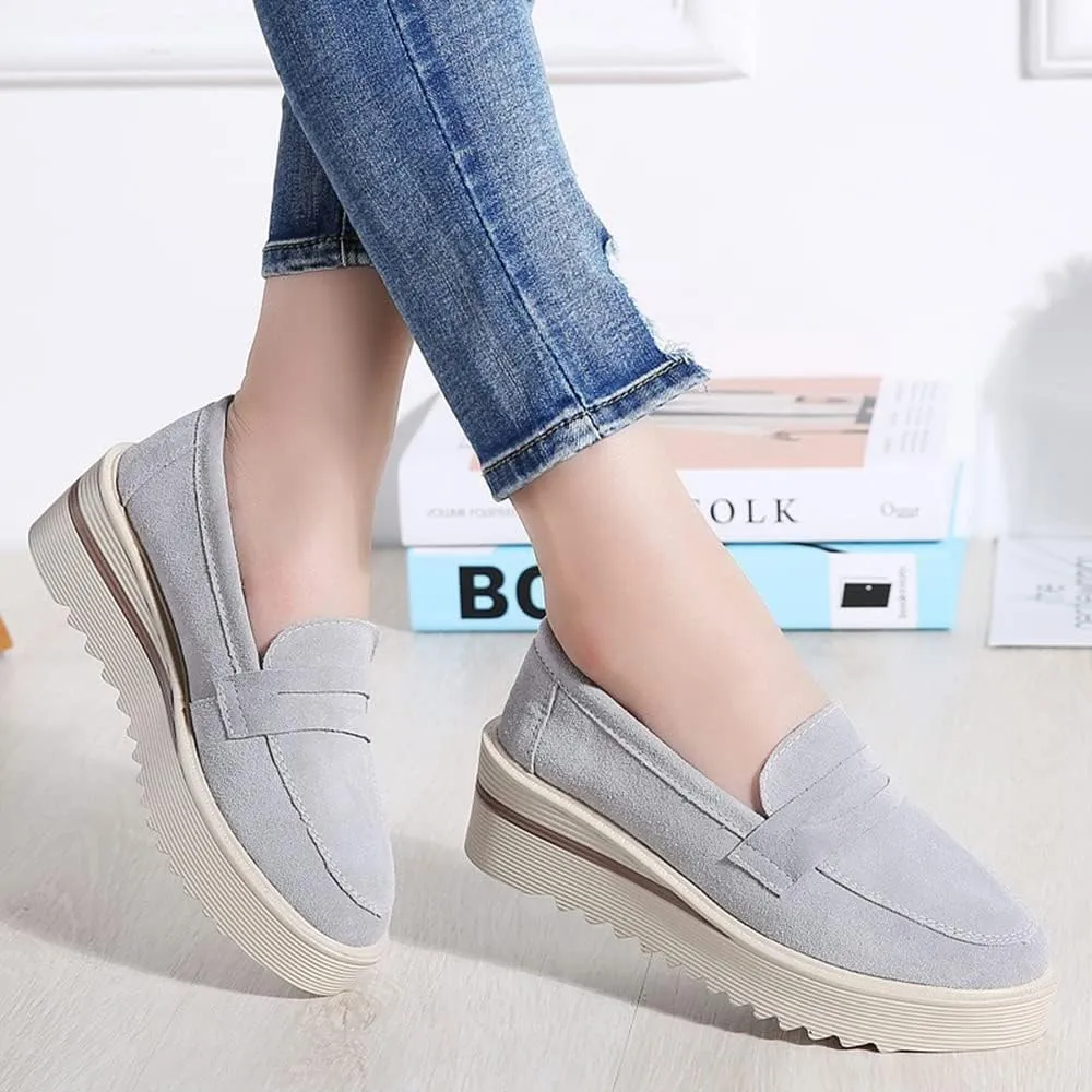 YING LAN Women Platform Slip On Loafers Comfort Suede Moccasins Wide Low Top Wedge Casual Shoes