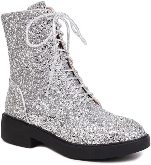 YIYA Women's Lace Up Glitter Sequin Combat Boots Round Toe Chunky Low Heel Side Zipper Sparkly Ankle Booties