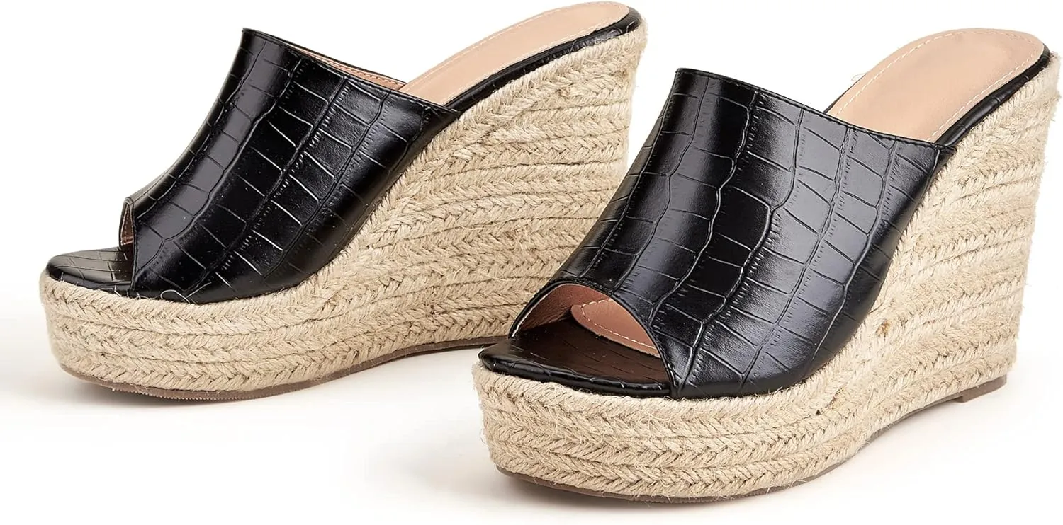 YooPrettyz Women Retro Crocodile Leather Slide Shoes Ladies Beach Vocation Peep Toe Espadrille Wedge Platform Heels