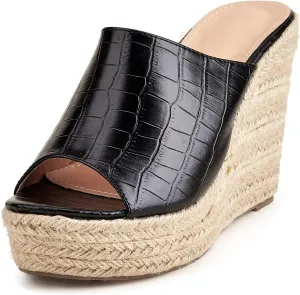 YooPrettyz Women Retro Crocodile Leather Slide Shoes Ladies Beach Vocation Peep Toe Espadrille Wedge Platform Heels