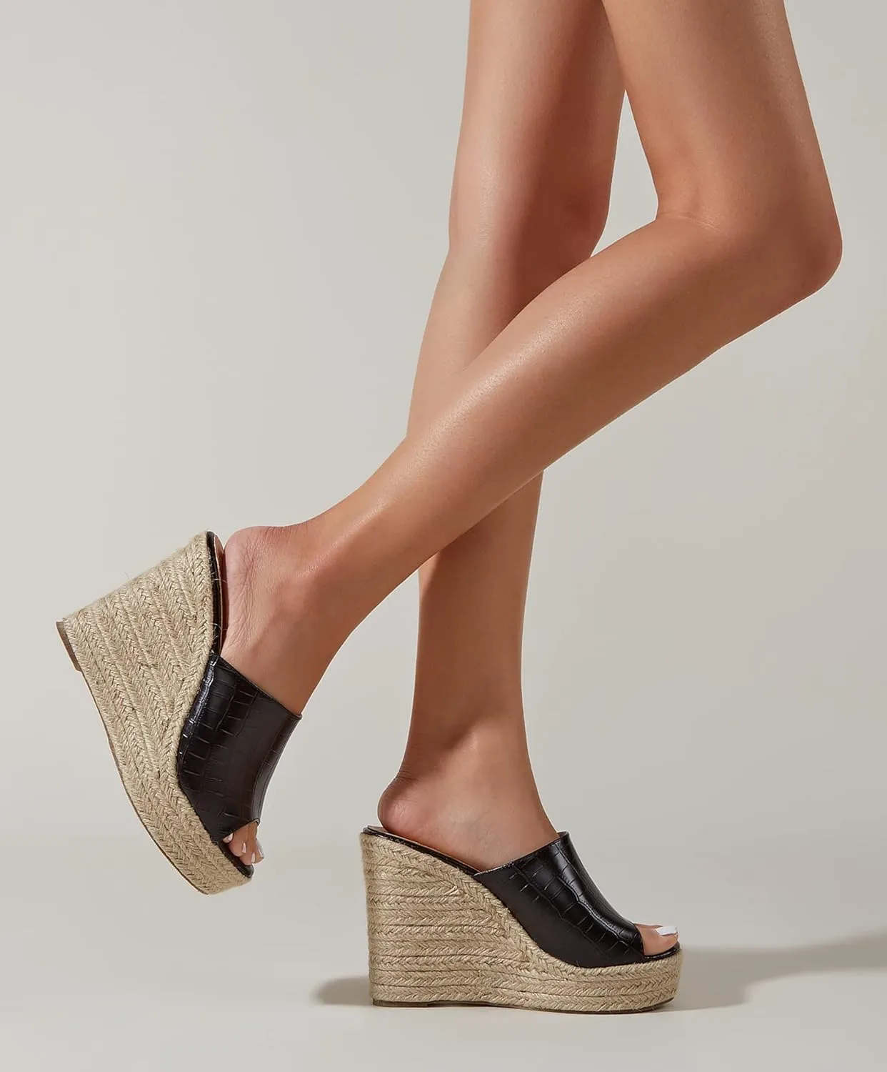 YooPrettyz Women Retro Crocodile Leather Slide Shoes Ladies Beach Vocation Peep Toe Espadrille Wedge Platform Heels