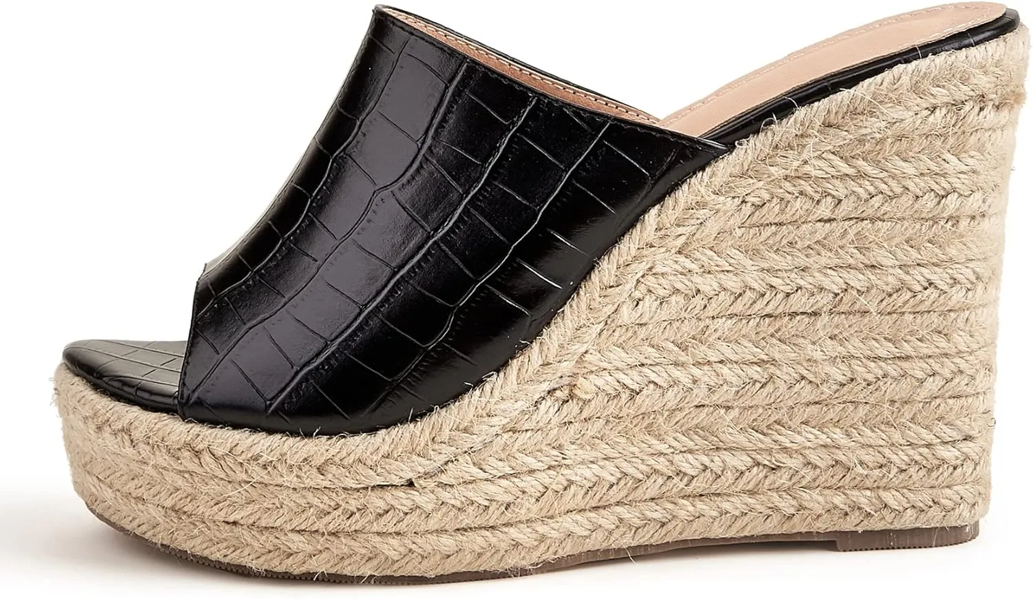YooPrettyz Women Retro Crocodile Leather Slide Shoes Ladies Beach Vocation Peep Toe Espadrille Wedge Platform Heels