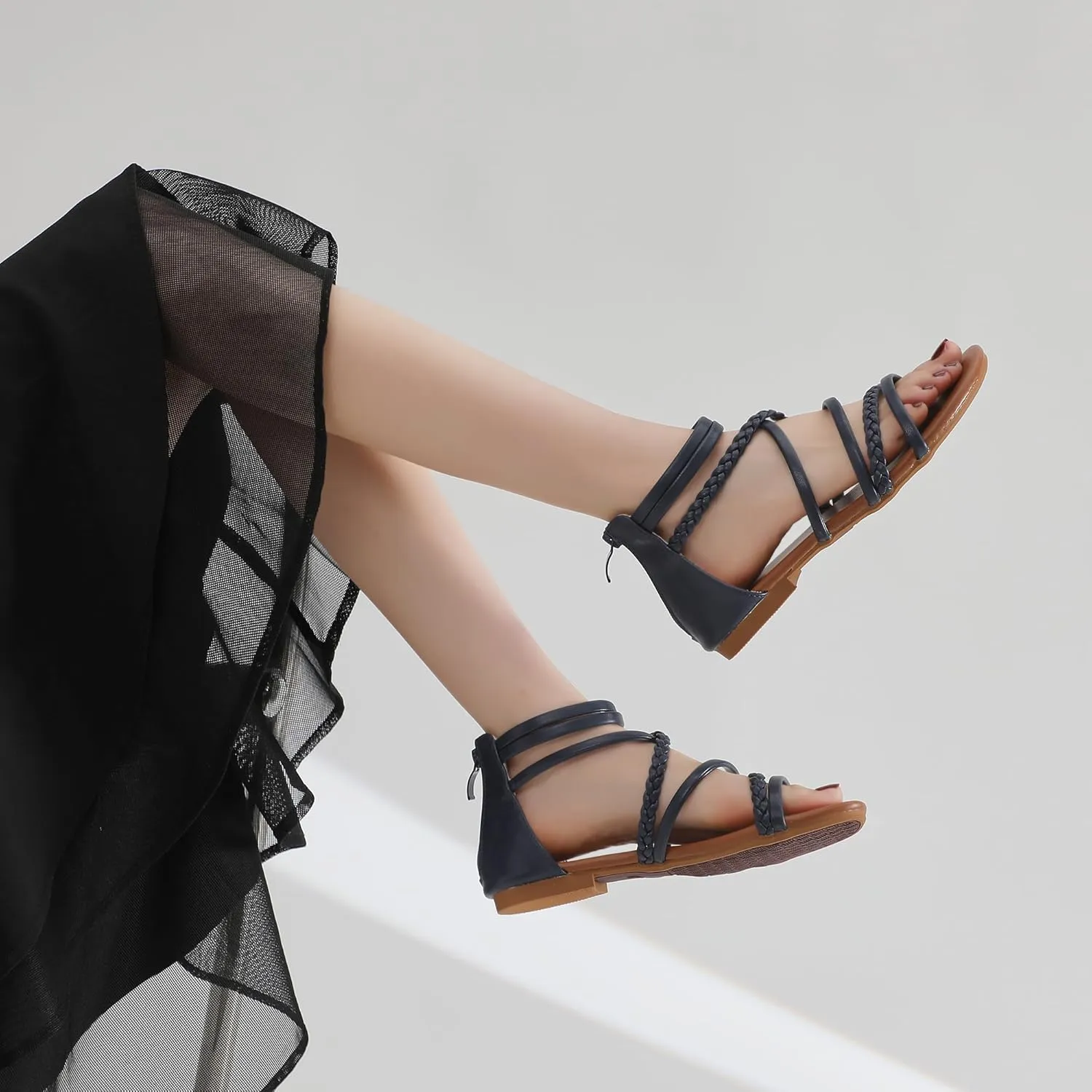 youngshow Braided Strappy Sandals for Women Open Toe Dressy Summer Flat Sandals with Zip Closure