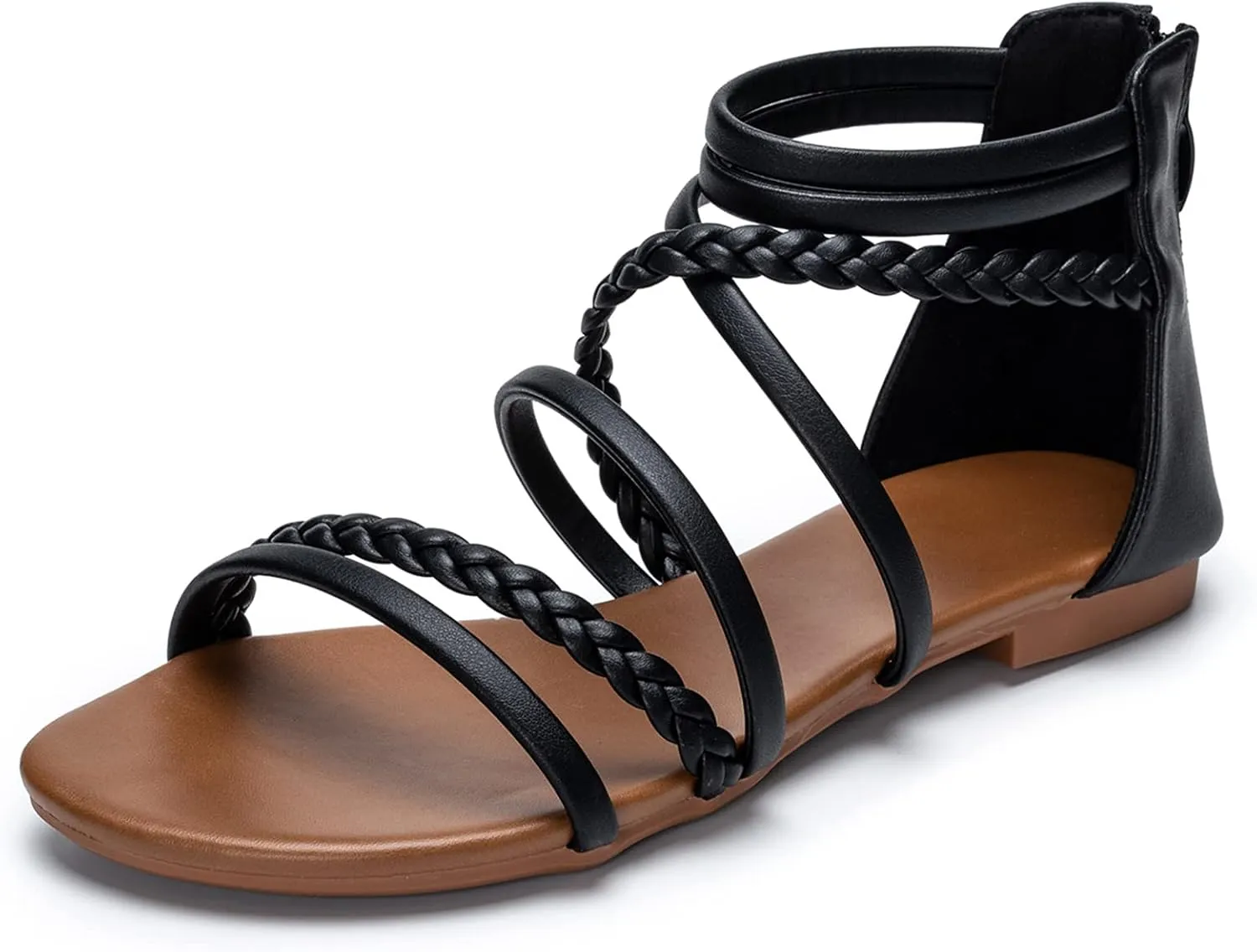 youngshow Braided Strappy Sandals for Women Open Toe Dressy Summer Flat Sandals with Zip Closure
