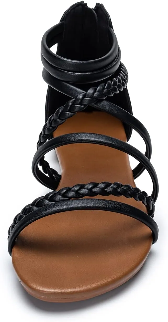 youngshow Braided Strappy Sandals for Women Open Toe Dressy Summer Flat Sandals with Zip Closure
