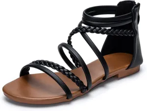 youngshow Braided Strappy Sandals for Women Open Toe Dressy Summer Flat Sandals with Zip Closure