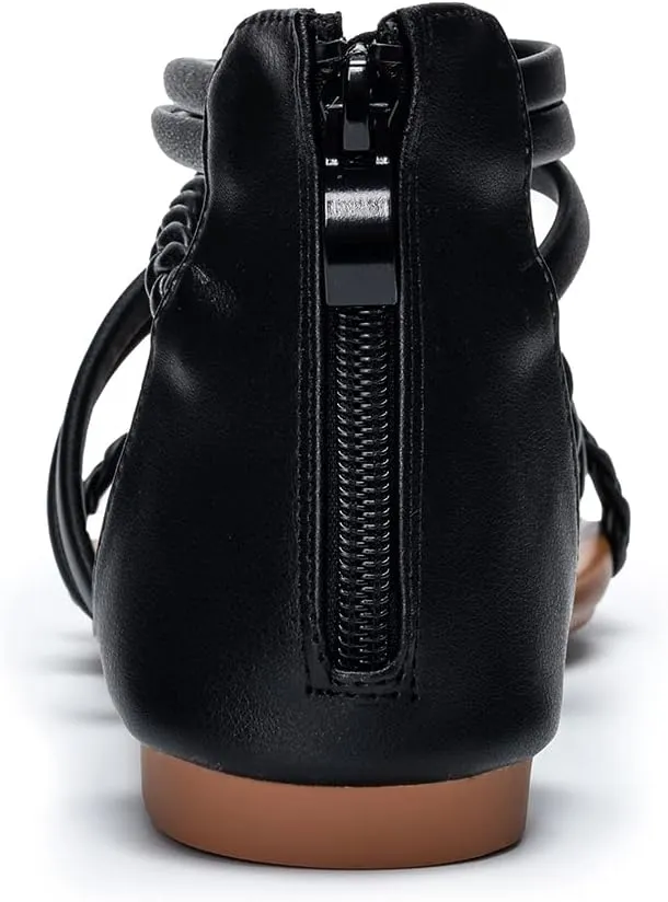youngshow Braided Strappy Sandals for Women Open Toe Dressy Summer Flat Sandals with Zip Closure
