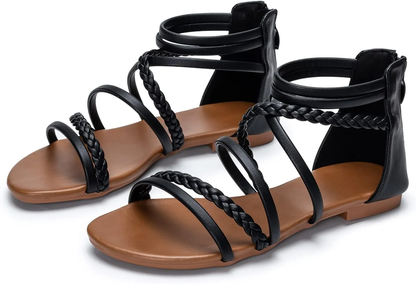 youngshow Braided Strappy Sandals for Women Open Toe Dressy Summer Flat Sandals with Zip Closure