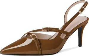 Zamikoo Slingback Heels for Women Buckle Strap Pointed Toe Slip On Stiletto High Heel Pumps Shoes Patent Leather 3 Inches