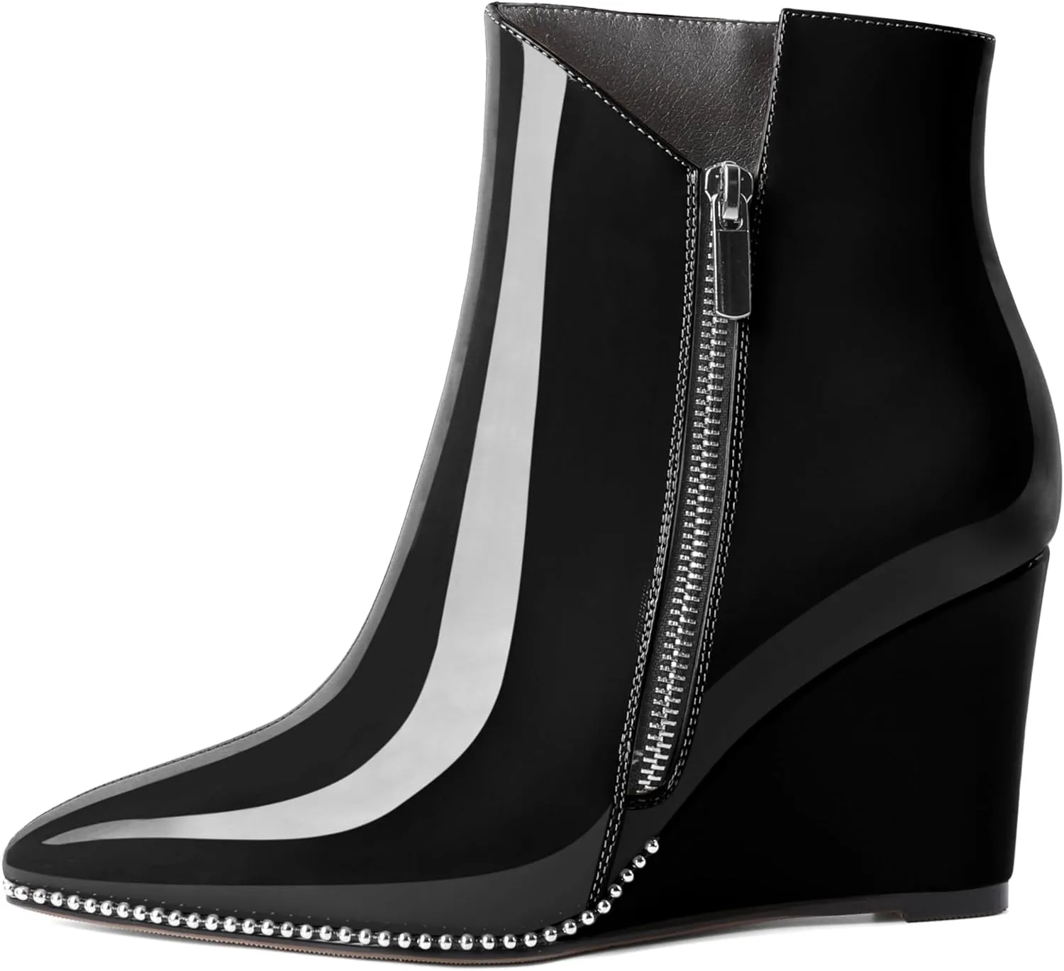 Zamikoo Women's Wedge Ankle Boots V Cutout Sliver Beaded Wedge Heel Chelsea Boots Slip On Side Zipper Patent Leather Booties for Lady 3.5 Inches