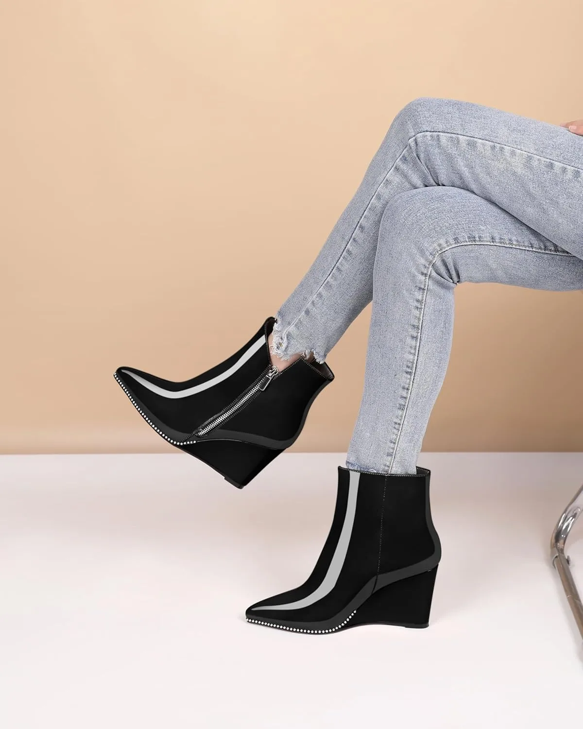 Zamikoo Women's Wedge Ankle Boots V Cutout Sliver Beaded Wedge Heel Chelsea Boots Slip On Side Zipper Patent Leather Booties for Lady 3.5 Inches