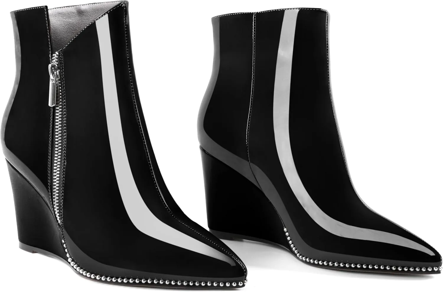 Zamikoo Women's Wedge Ankle Boots V Cutout Sliver Beaded Wedge Heel Chelsea Boots Slip On Side Zipper Patent Leather Booties for Lady 3.5 Inches