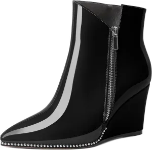 Zamikoo Women's Wedge Ankle Boots V Cutout Sliver Beaded Wedge Heel Chelsea Boots Slip On Side Zipper Patent Leather Booties for Lady 3.5 Inches