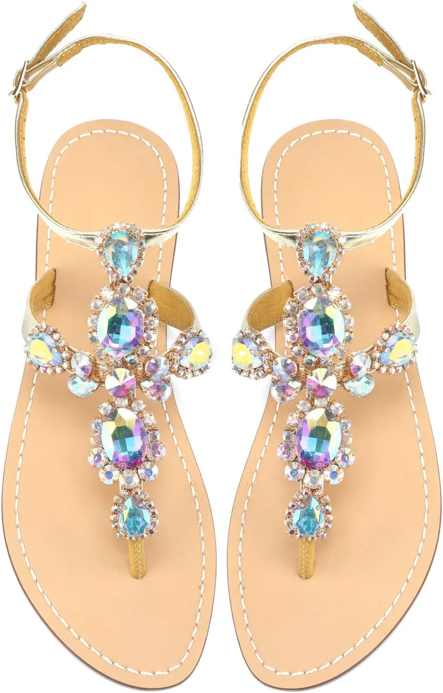 ZhuLinFeng Women'S Rhinestone Gladiator Sandals Flat Wedding Sandals Gem Pearl Sparkling Bridal Bridesmaid Sandals Blue Bohemian Sandals