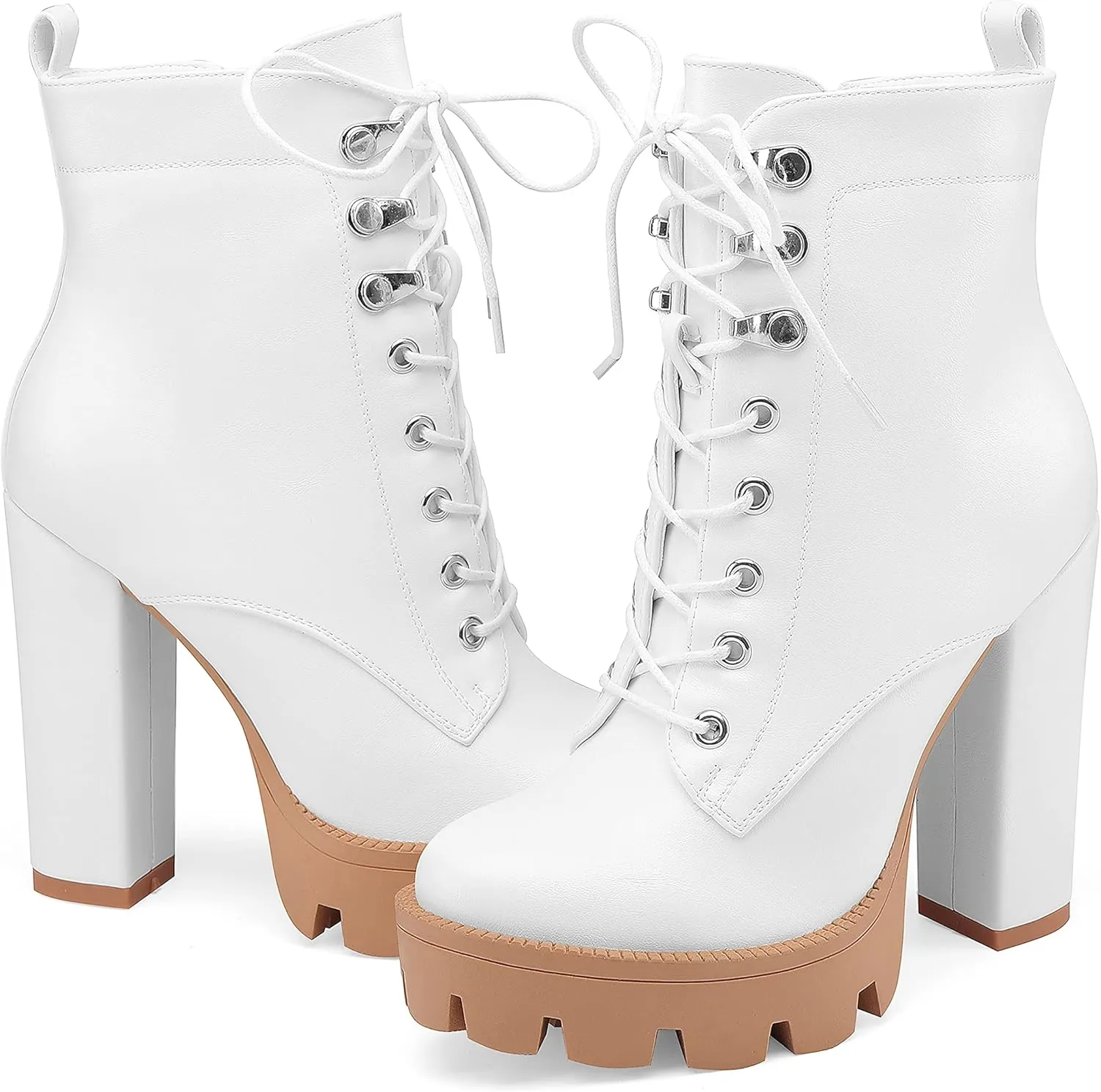 Z.Oufeier Women's Platform Ankle Boots Fashion Chunky Heel Lug Sole Combat Boots Lace Up High Heeled Booties