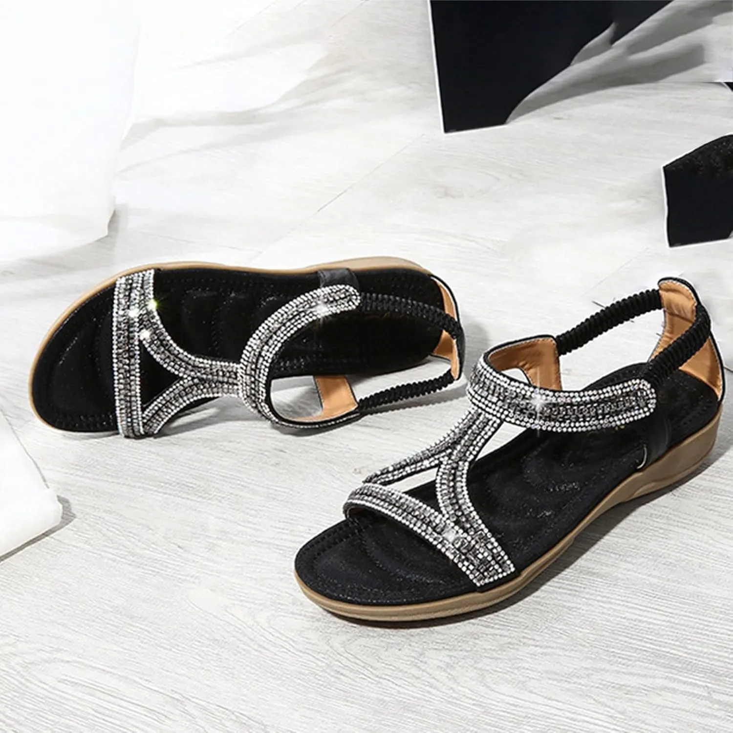ZSpzx Womens Flat Sandals Flower Low Heel Dressy Elastic Ankle Strap Rhinestone Summer Comfortable Shoe Open Toe Slip-On Casual Walking Women T-Strap Bohe Pearl Crystal Beach Wedding Shoes For Bride