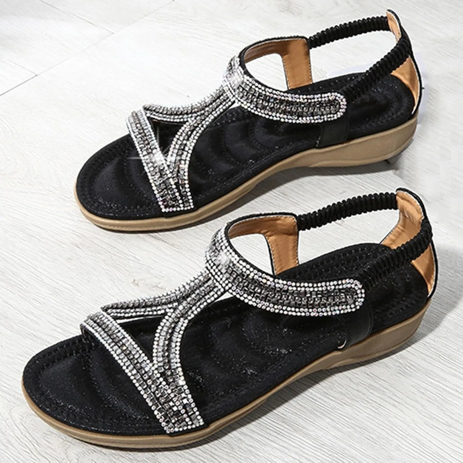 ZSpzx Womens Flat Sandals Flower Low Heel Dressy Elastic Ankle Strap Rhinestone Summer Comfortable Shoe Open Toe Slip-On Casual Walking Women T-Strap Bohe Pearl Crystal Beach Wedding Shoes For Bride