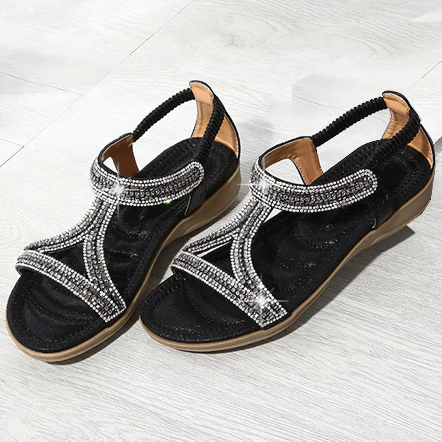 ZSpzx Womens Flat Sandals Flower Low Heel Dressy Elastic Ankle Strap Rhinestone Summer Comfortable Shoe Open Toe Slip-On Casual Walking Women T-Strap Bohe Pearl Crystal Beach Wedding Shoes For Bride
