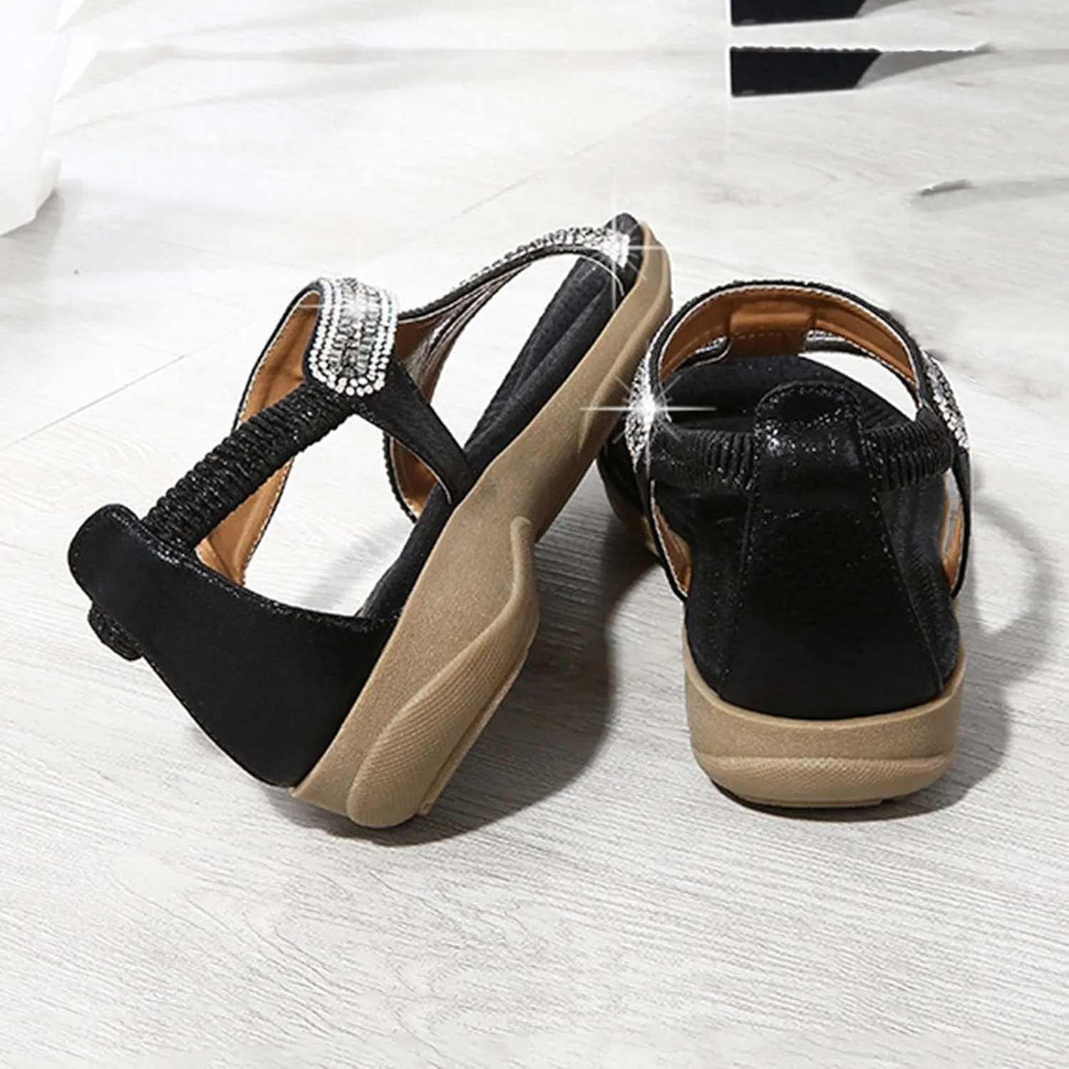 ZSpzx Womens Flat Sandals Flower Low Heel Dressy Elastic Ankle Strap Rhinestone Summer Comfortable Shoe Open Toe Slip-On Casual Walking Women T-Strap Bohe Pearl Crystal Beach Wedding Shoes For Bride