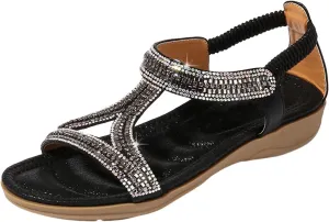 ZSpzx Womens Flat Sandals Flower Low Heel Dressy Elastic Ankle Strap Rhinestone Summer Comfortable Shoe Open Toe Slip-On Casual Walking Women T-Strap Bohe Pearl Crystal Beach Wedding Shoes For Bride