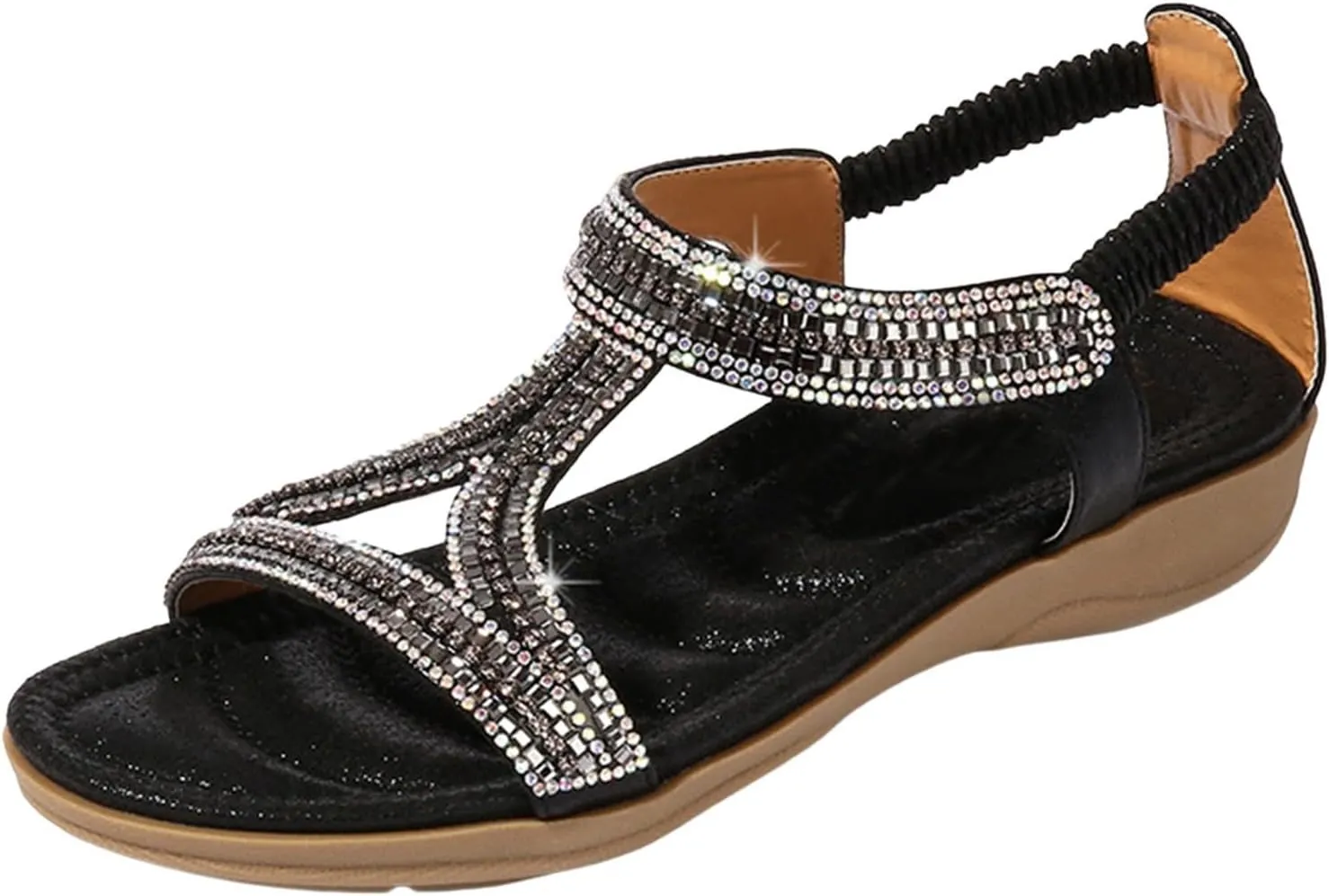 ZSpzx Womens Flat Sandals Flower Low Heel Dressy Elastic Ankle Strap Rhinestone Summer Comfortable Shoe Open Toe Slip-On Casual Walking Women T-Strap Bohe Pearl Crystal Beach Wedding Shoes For Bride